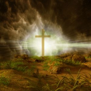 The cross where Jesus died is reflecting light off of it as it's viewed from the rolled away stone of His tomb on Easter Sunday.