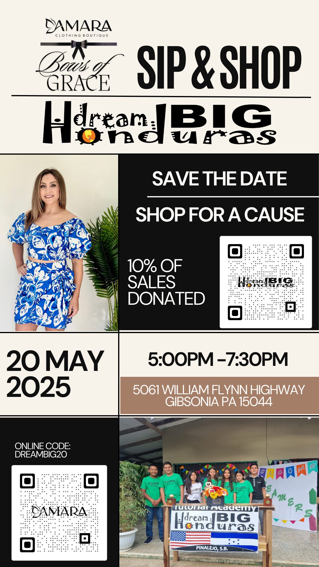 A flyer advertising the sip and shop event for Dream Big Honduras.